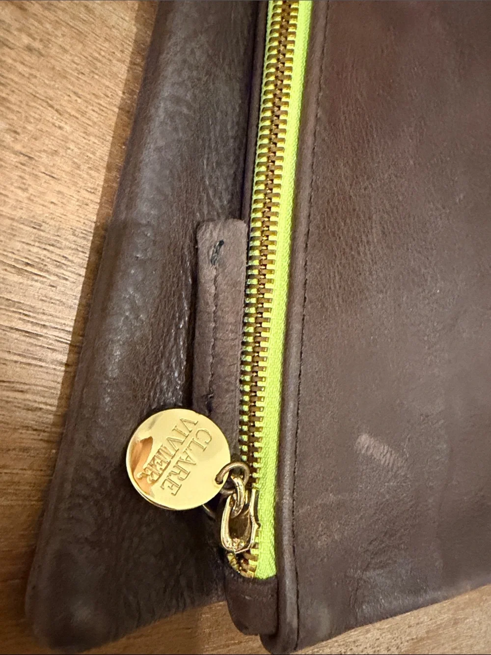 Men's Brown Leather Clutch with Yellow Zipper
